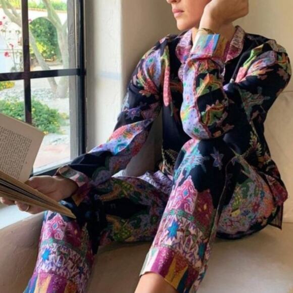 Cleobella Onyx Tropical Button Down Long Sleeve Pajama Top - Picture 1 of 12